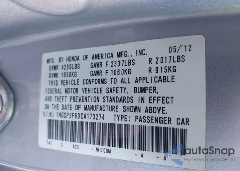 2012 Honda Accord 2.4 Se из США, поврежденный, VIN 1HGCP2F60CA173274